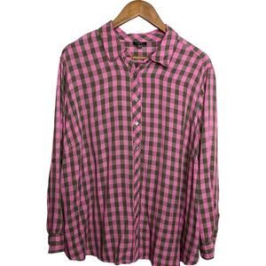 Talbots Button Shirt Top 3X Petite 3XP Plaid Pink Brown Relaxed Cabin Casual